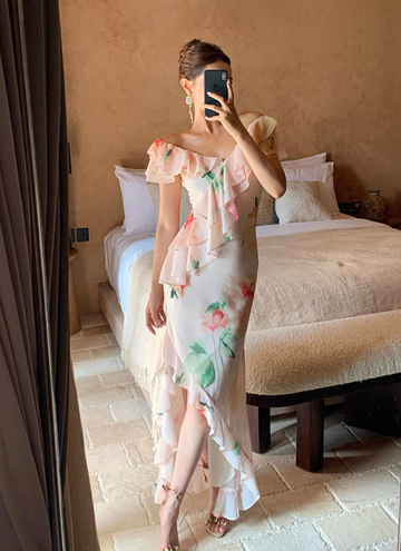 Light Pink Mermaid V Neck Print Floral Ruffle Chiffon Summer Dress Party Dress Outfits with Slit HZ1023
